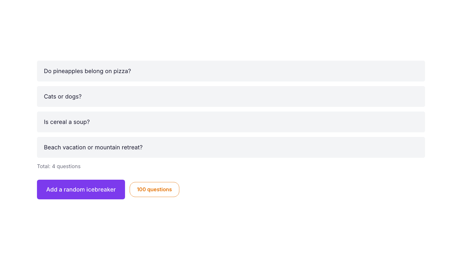 Newcomer settings with a list of icebreaker questions and an 'Add a random icebreaker' button