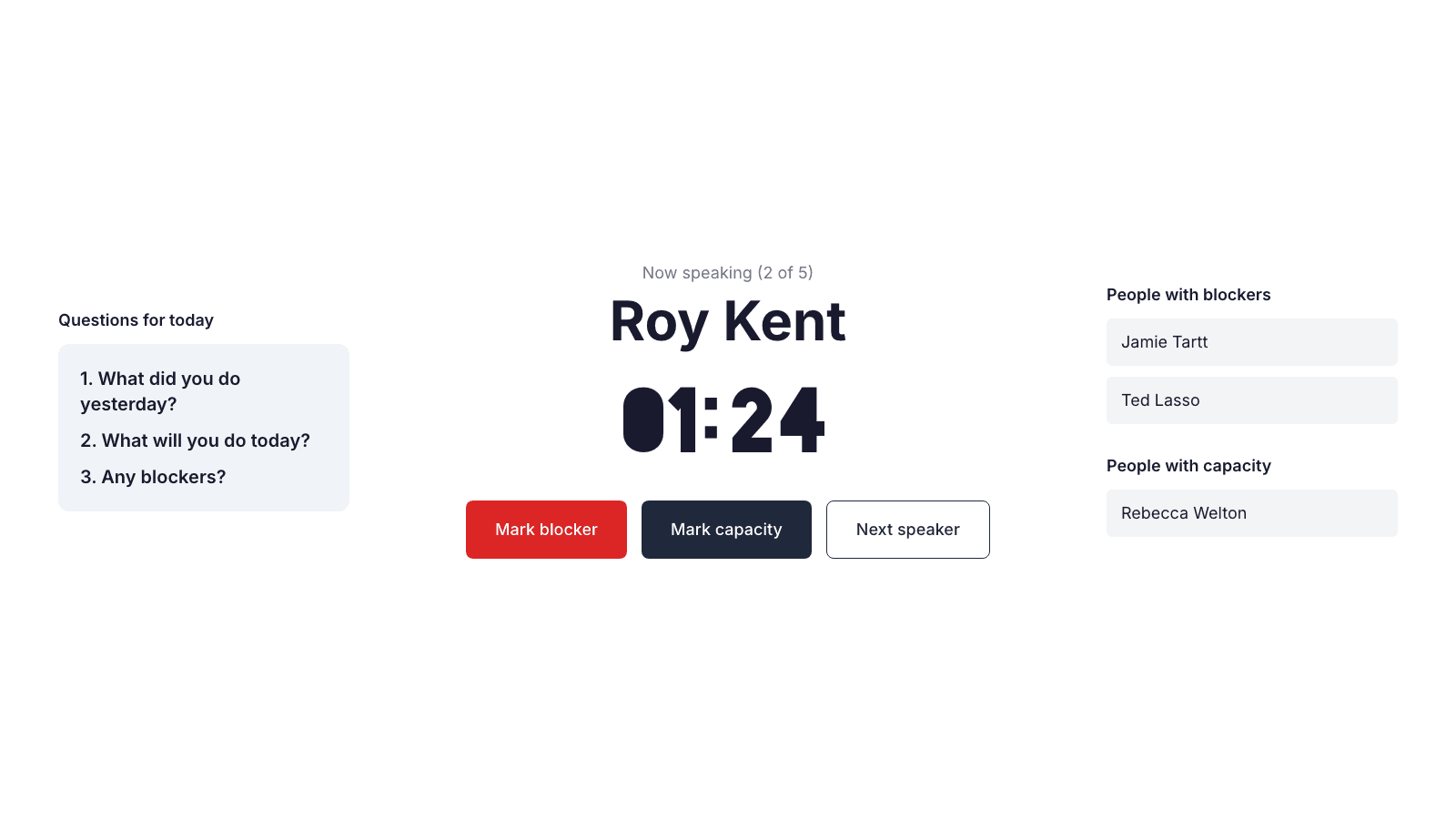 Standup in progress: countdown timer, current speaker, and one-click blocker and capacity buttons